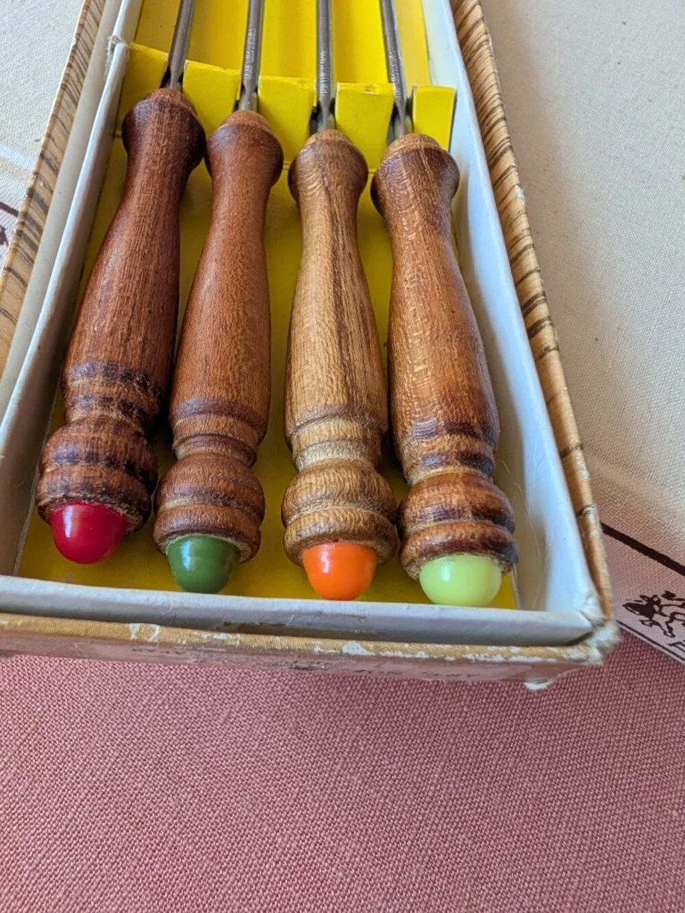 Vintage Fondue Forks Boxed Set – 4 Pc Mid‑Century Stainless Steel & Wood